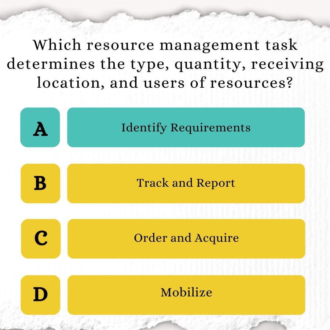 Which resource management task determines the type, quantity, receiving location, and users of resources