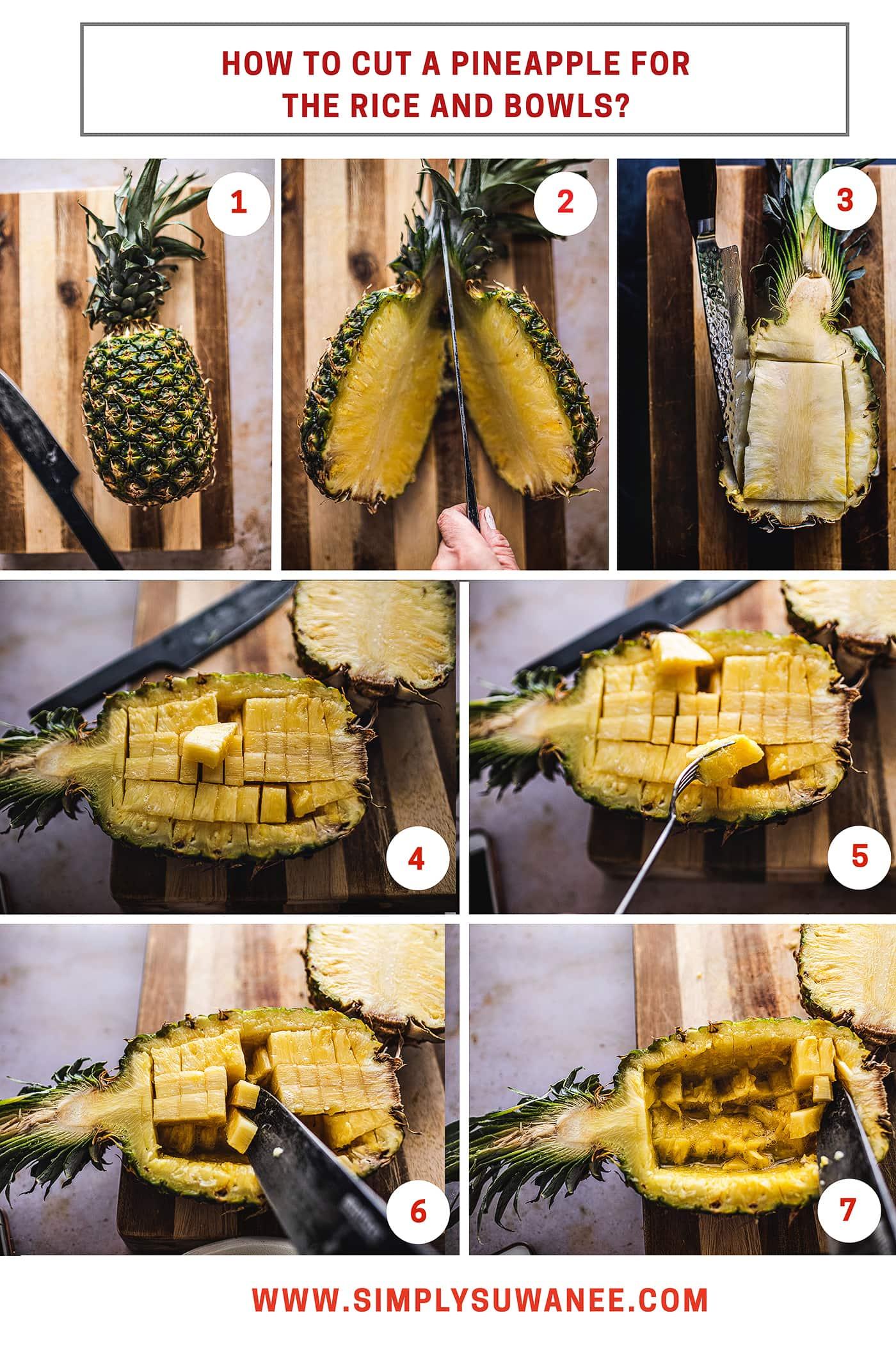 Have you ever wondered how to make pineapple-shaped fruit bowls? Wonder no more! I’m going to show you step-by-step pictures of exactly how to cut a pineapple for my fried rice recipe and bowls. #pineapples #howtocutpineapple #cuttingpineapple#pineapplebowl #cuttingpineapplebowl
