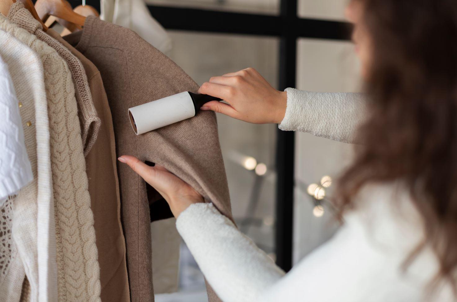 woman using lint roller on hung brown sweater