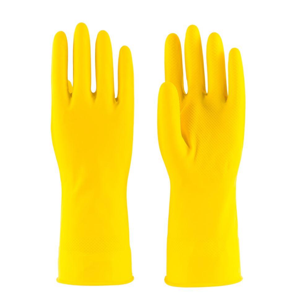 two yellow rubber gloves on a white background