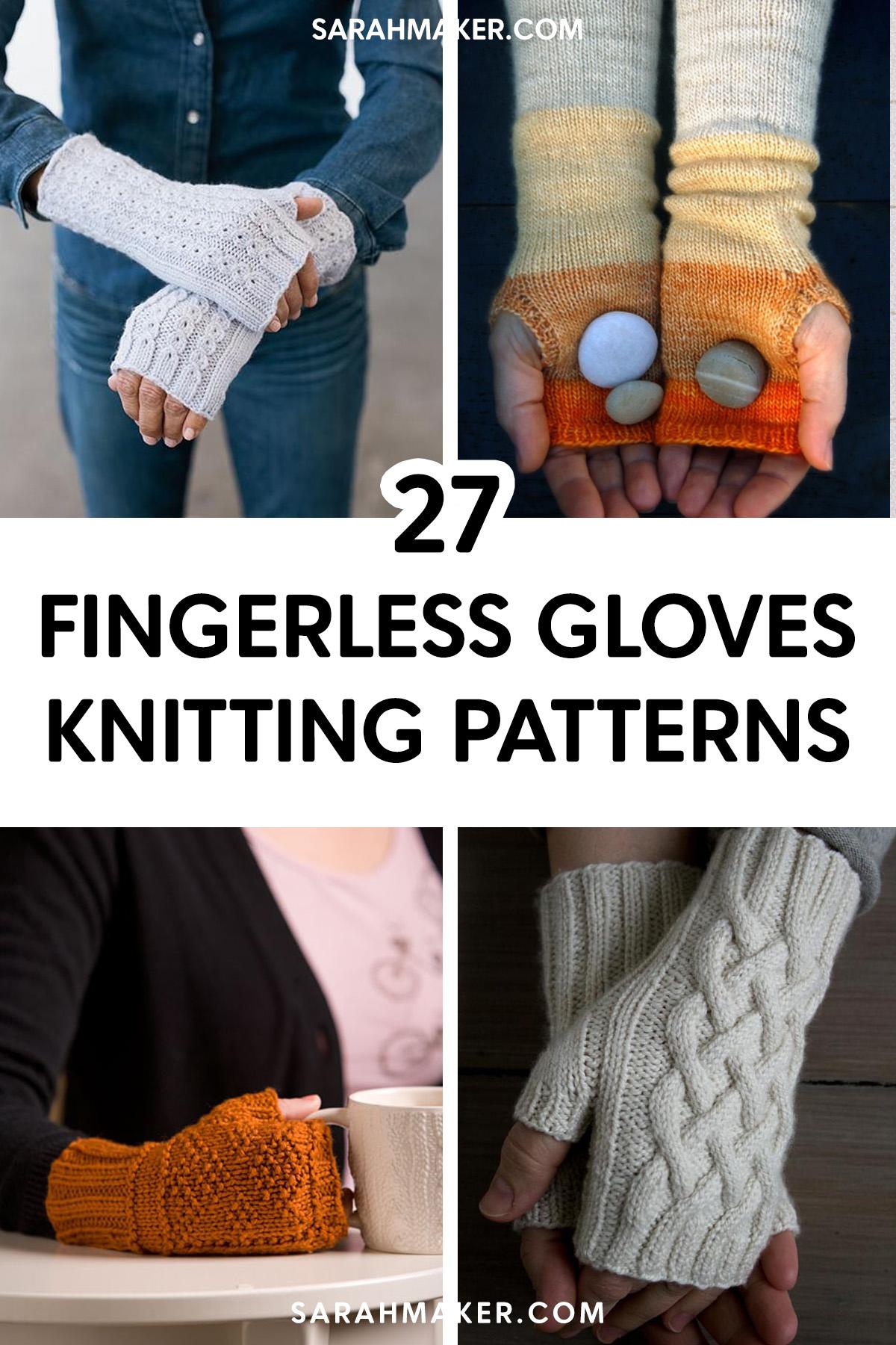 photo collage of four pairs of knit fingerless gloves patterns