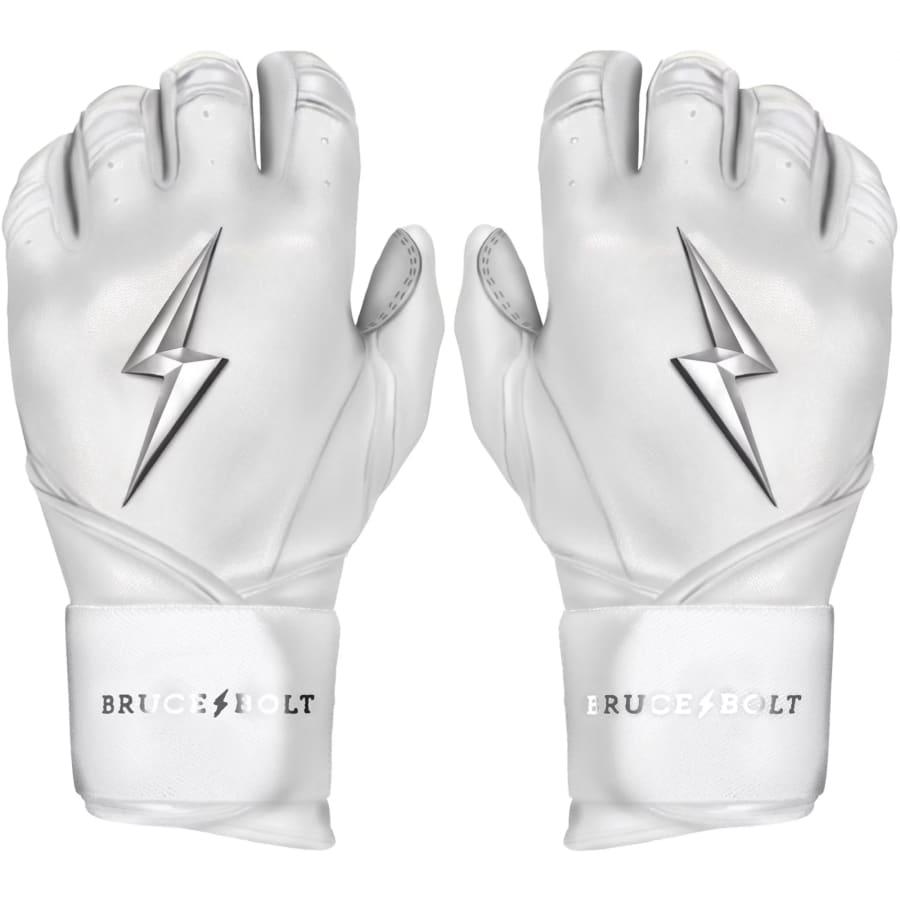 Bruce Bolt Long Cuff Chrome Batting Gloves - White colored on a white background.