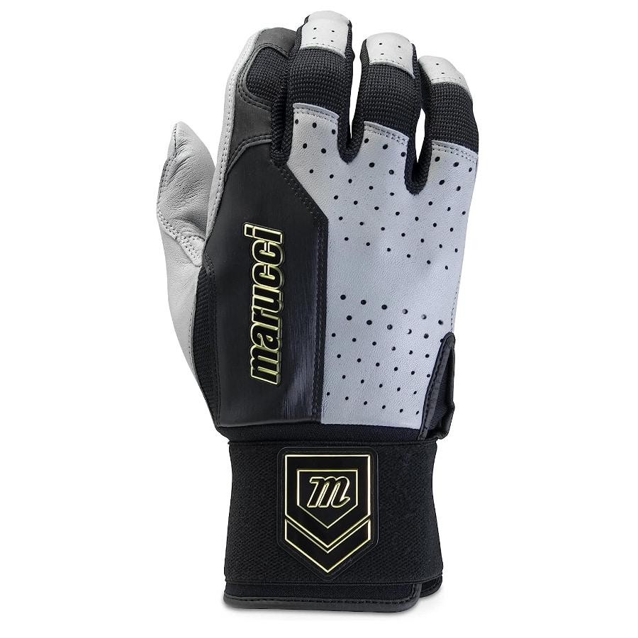 Marucci Luxe Adult Batting Glove - Gray/Black colorway on a white background.