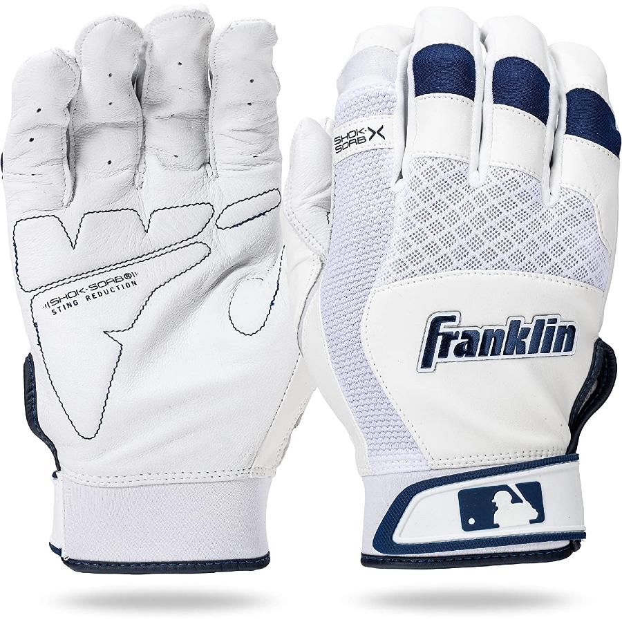 Franklin Sports MLB Shok-Sorb X Baseball Batting Gloves - White/Navy colorway on a white background.
