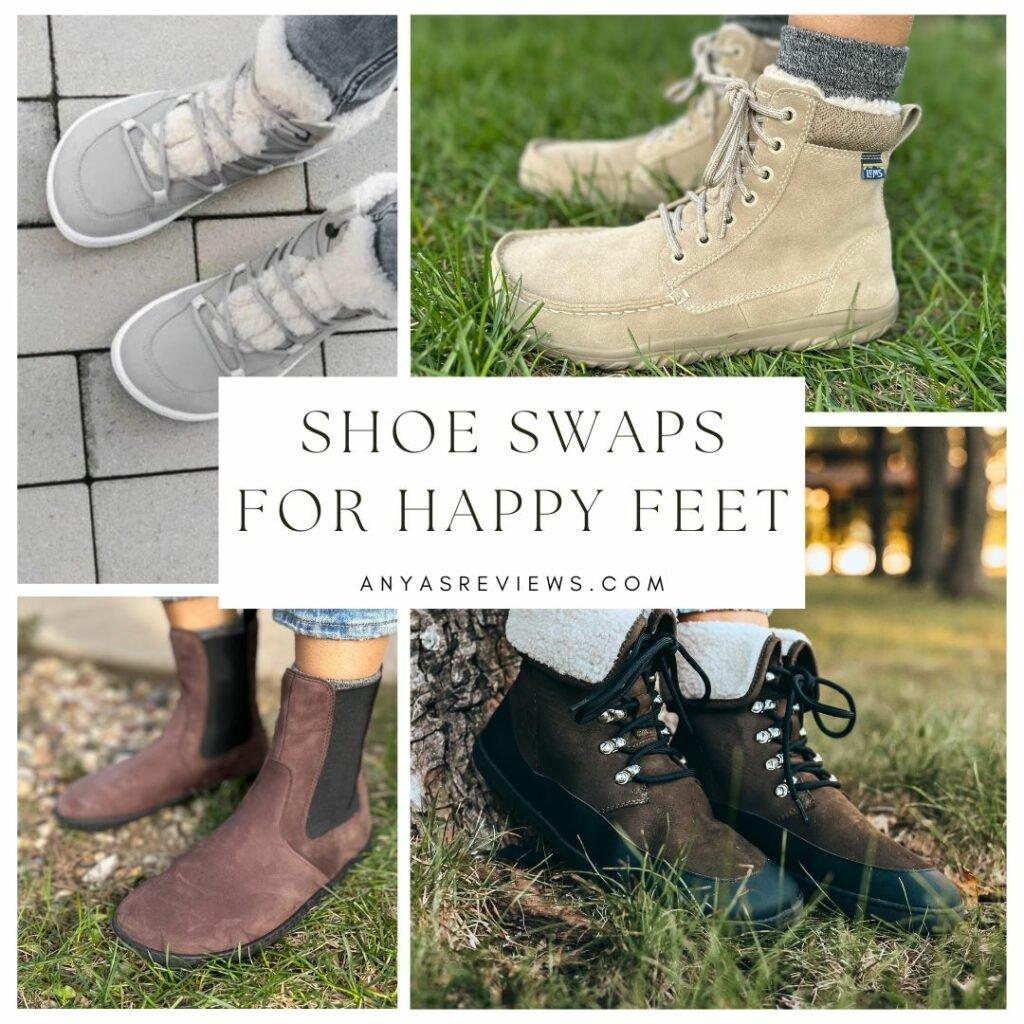 Collage photo cover showing four different stylish barefoot boots for wide feet. The center words read Shoe Swaps for Happy Feet Anya