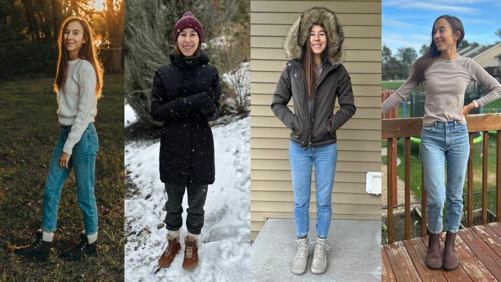 Four photo collage of the same woman in four different outfits with four pairs of barefoot winter boots for wide feet. Shapen Lynx, Be Lenka Bliss, Lems Telluride, and Groundies Camden