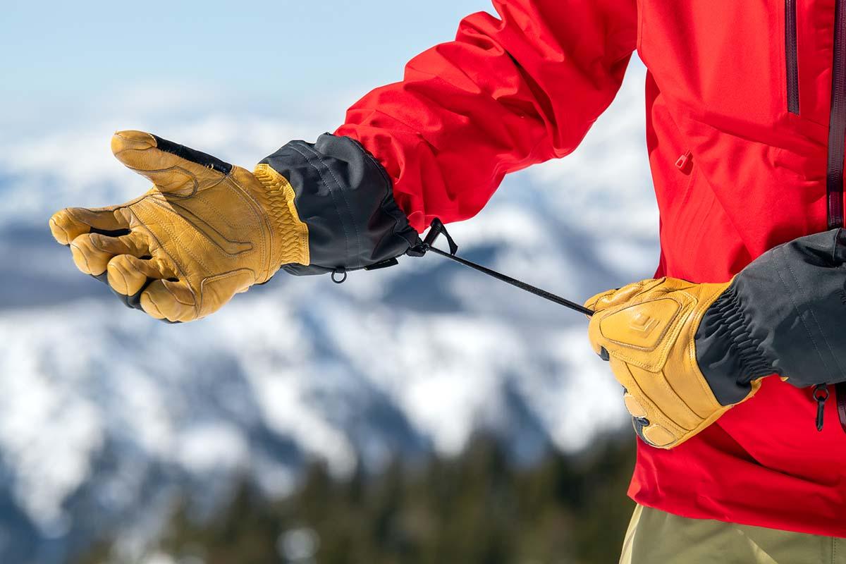 Tightening the gauntlet cuff on the Black Diamond Guide glove