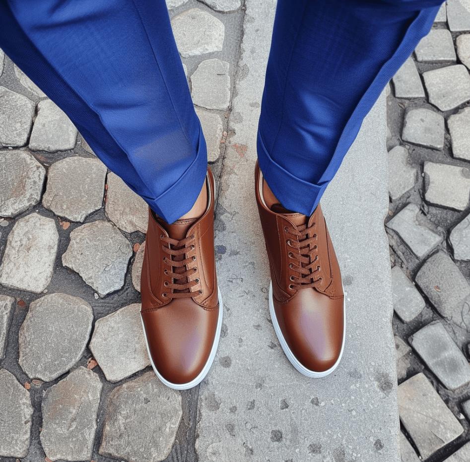 blue suit and brown sneakers