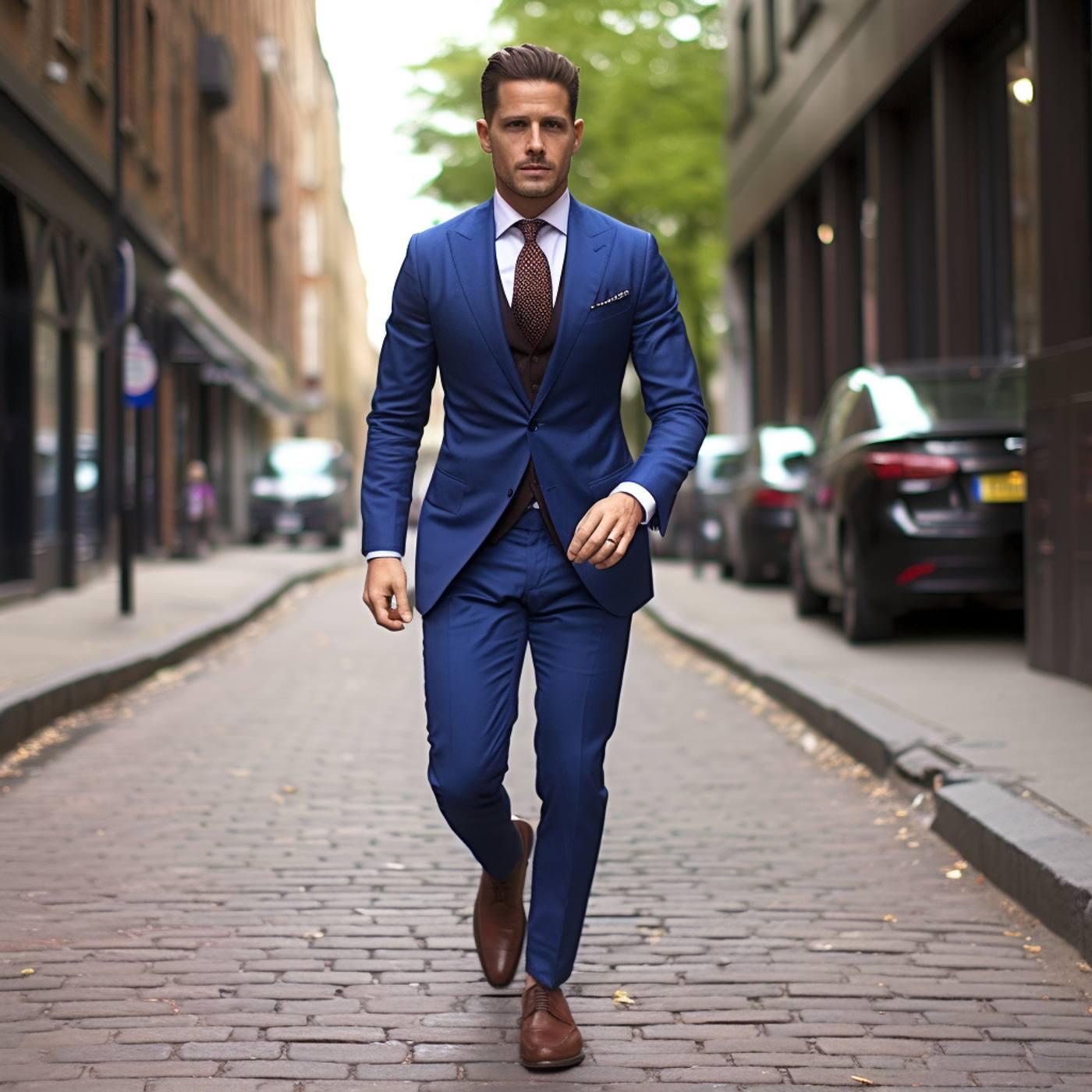 blue suit brown shoes