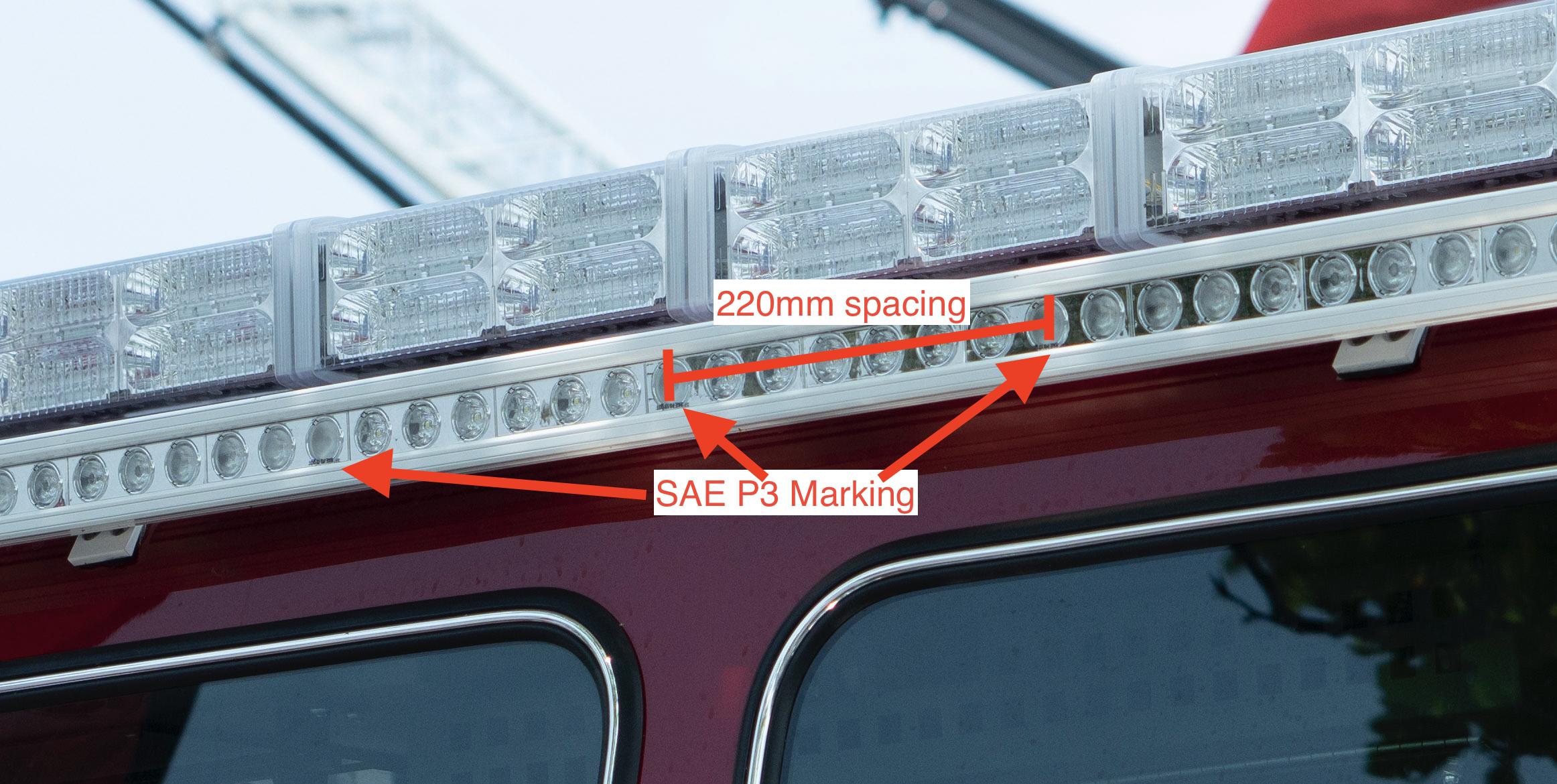 Diagram showing spacing of marker lights on the Firetech Brow Light