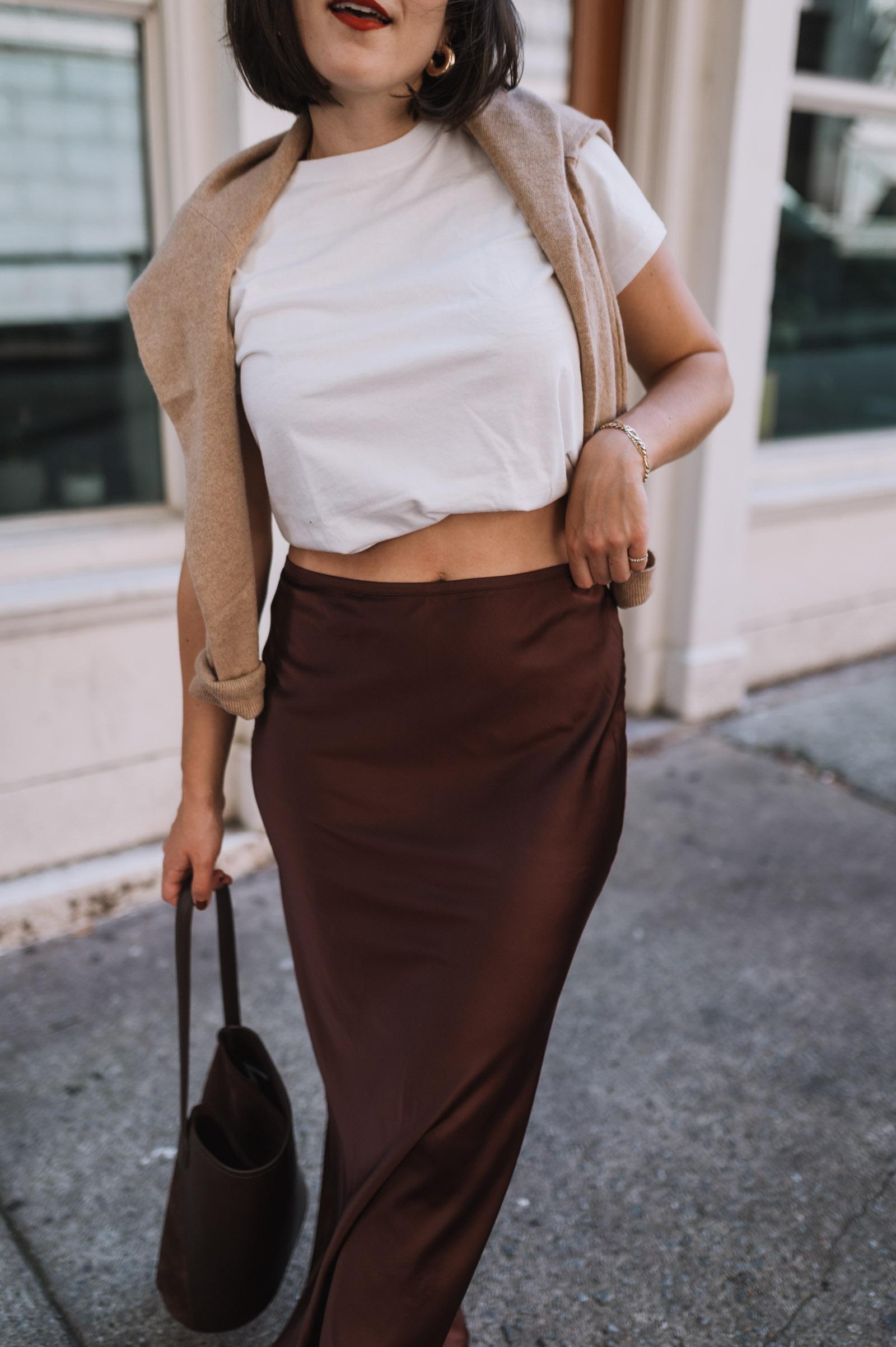 cropped white tee and brown slip skirt