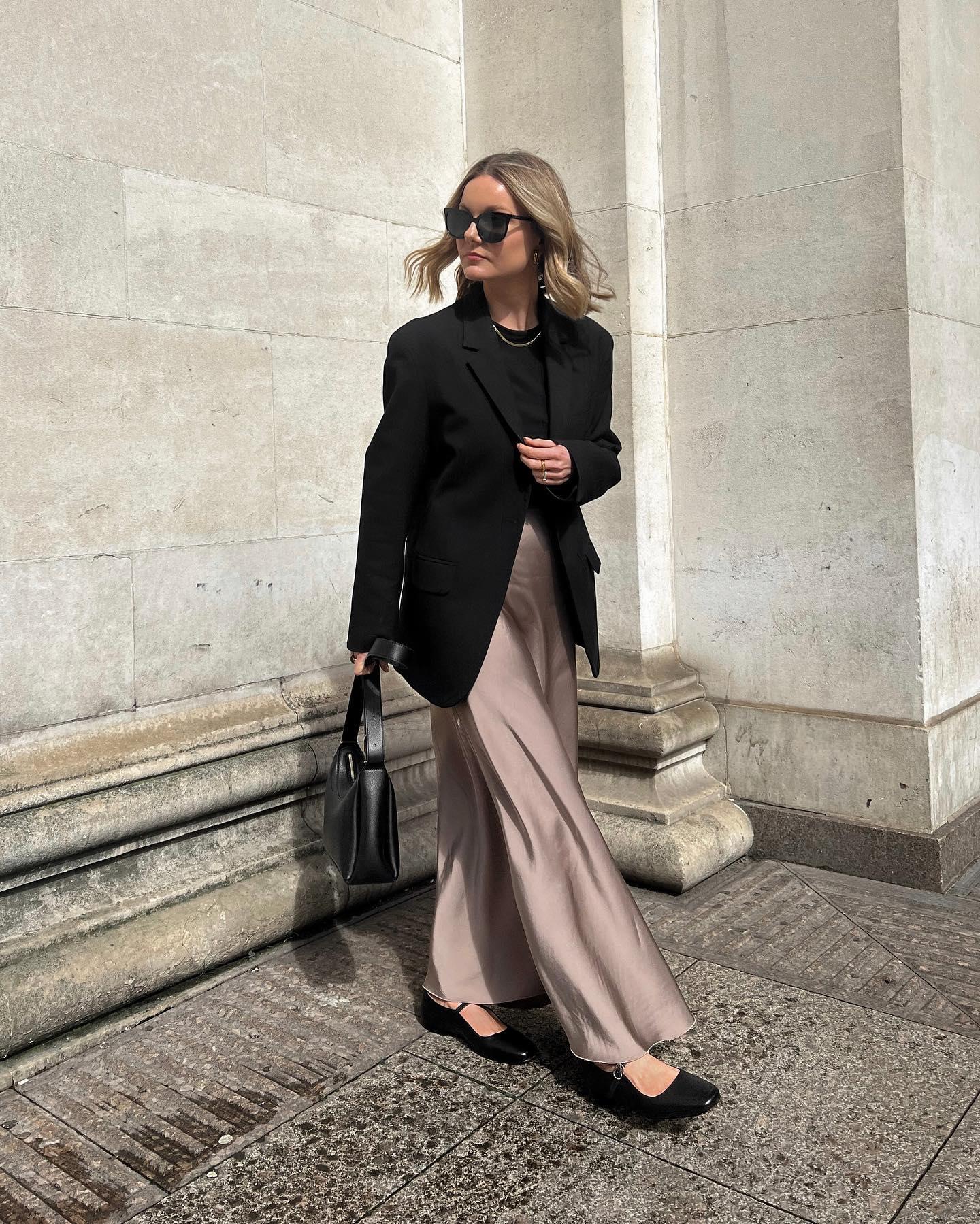 how to wear a satin maxi skirt to the office