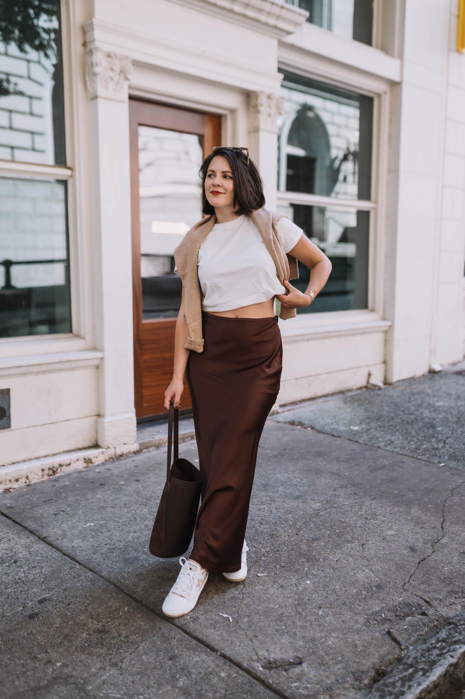 brown and tan outfit ideas in a maxi slip skirt