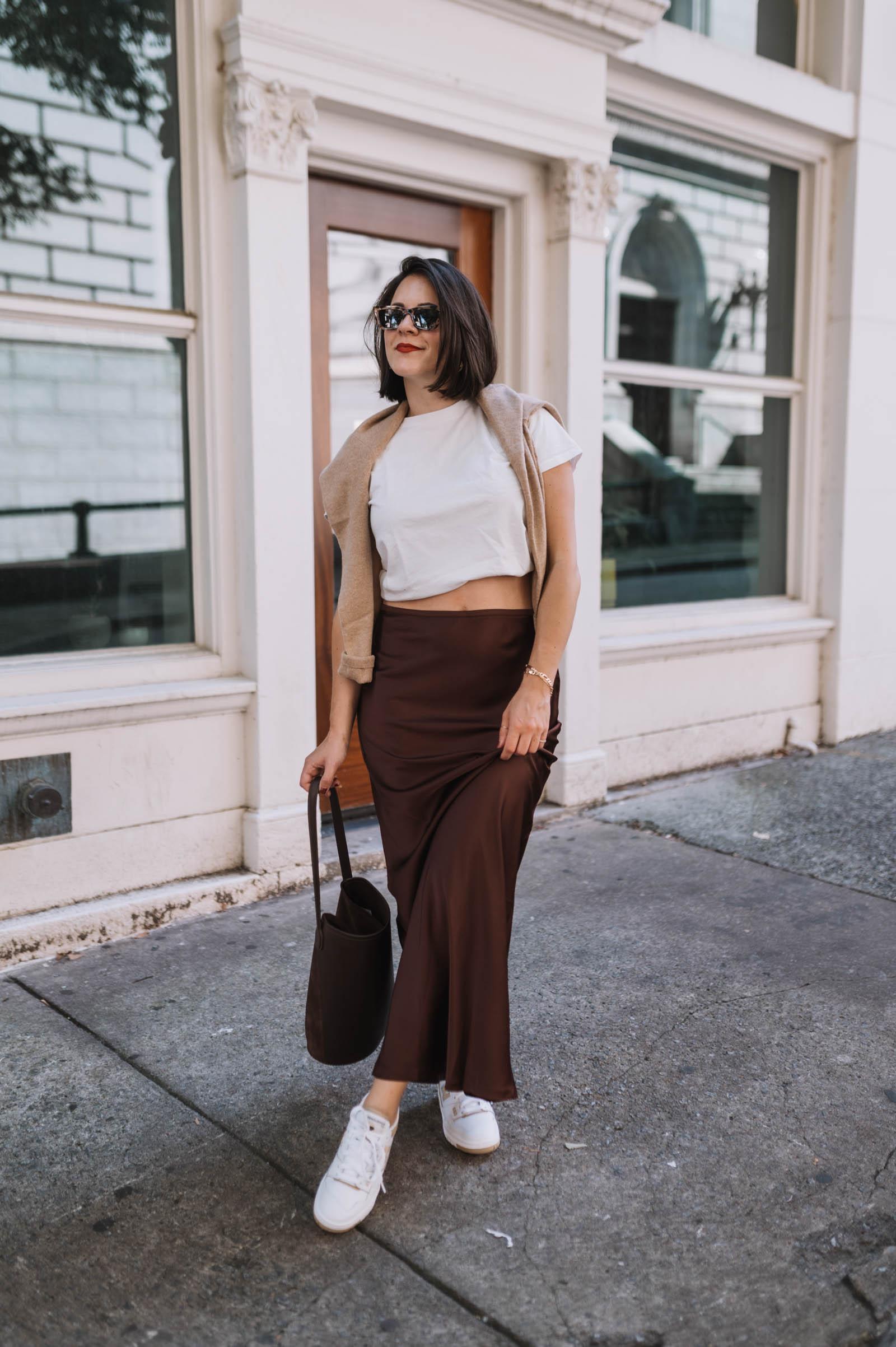 ways to style a satin maxi skirt for fall