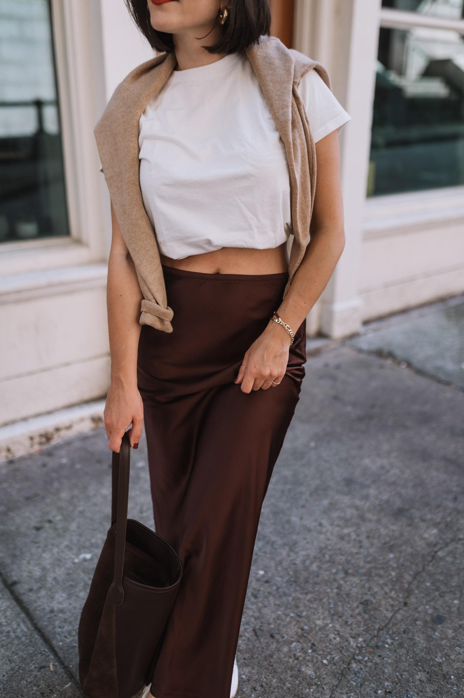 brown satin maxi skirt outfit ideas for fall