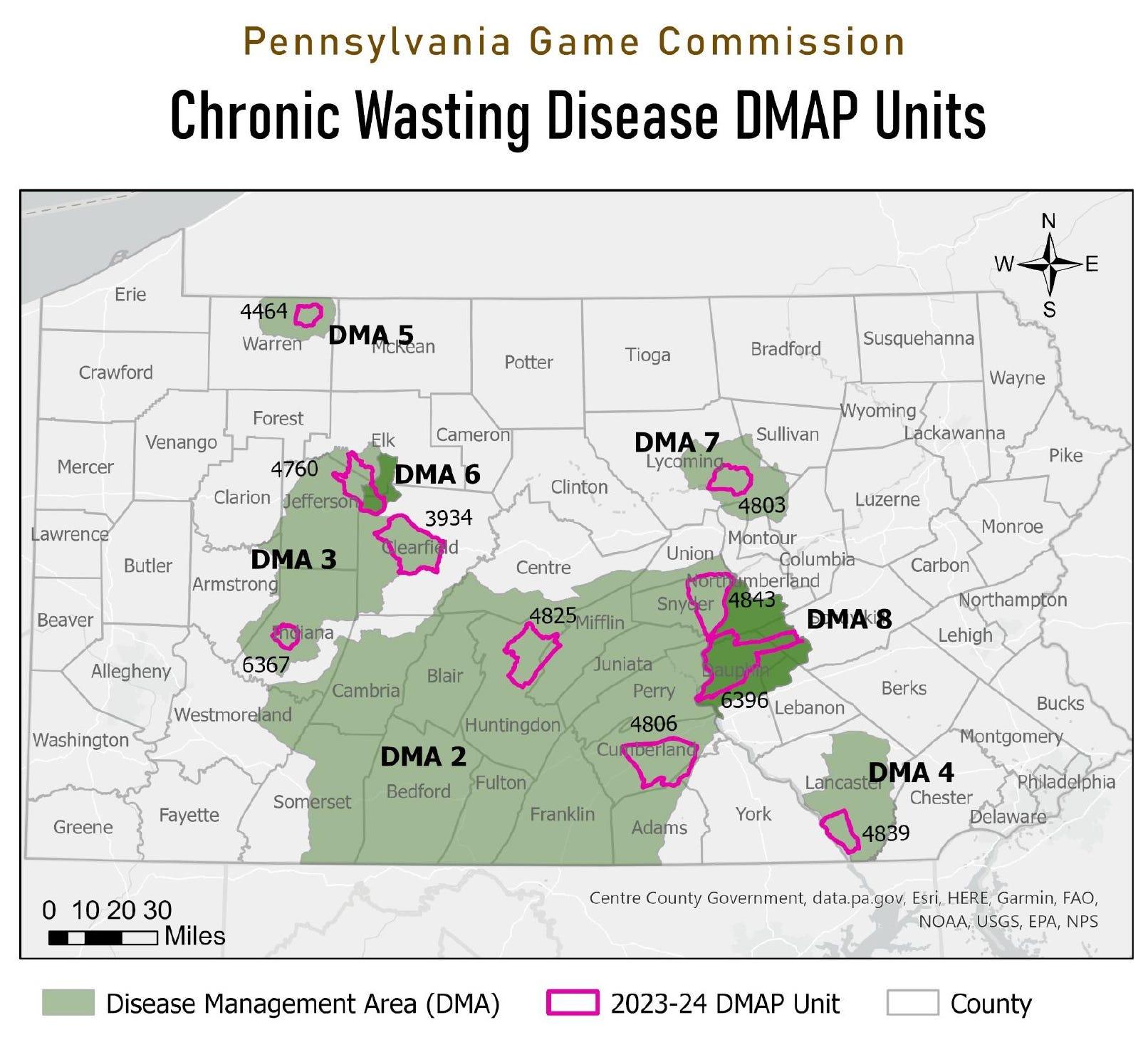The Pennsylvania Game Commission has created Disease Management Areas where Chronic Wasting Disease has been found in deer. The boundary lines can change when a new detection is made near an existing border. This is the map of the boundaries as of August 2023.