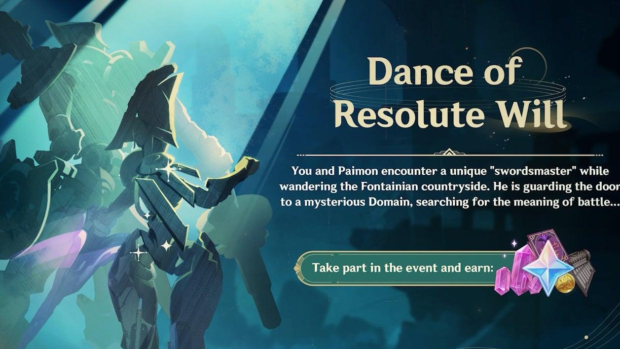 artowkr for the dance of resolute will event in version 4.3 which shows a stone statue resembling a humanoid fontainian meka holding a large sword