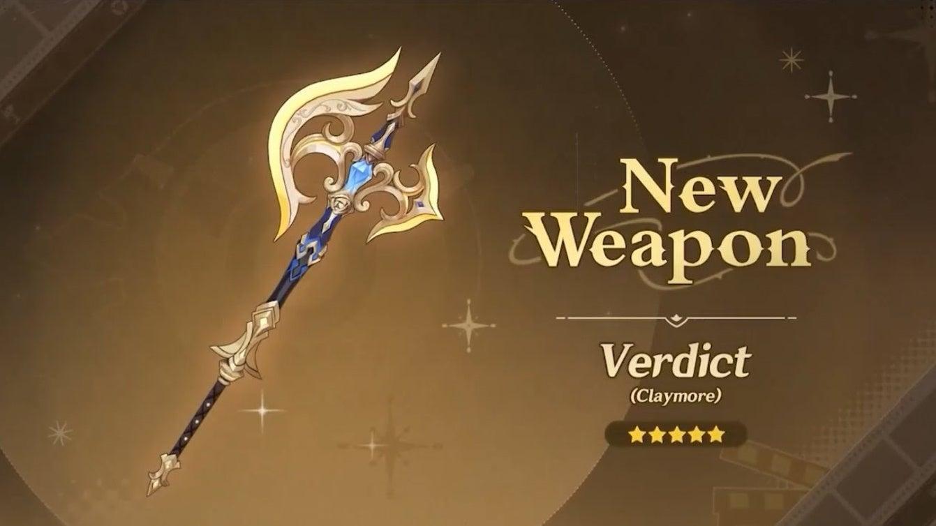 the verdict claymore weapon on a gold and brown background with text showing its name and that it is a five star