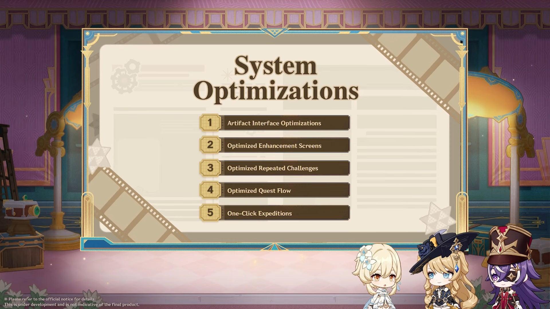 numbered lines with a dark brown background summarising system optimisations to genshin impact 4.3 including artifact and expeditions and quest optimisations