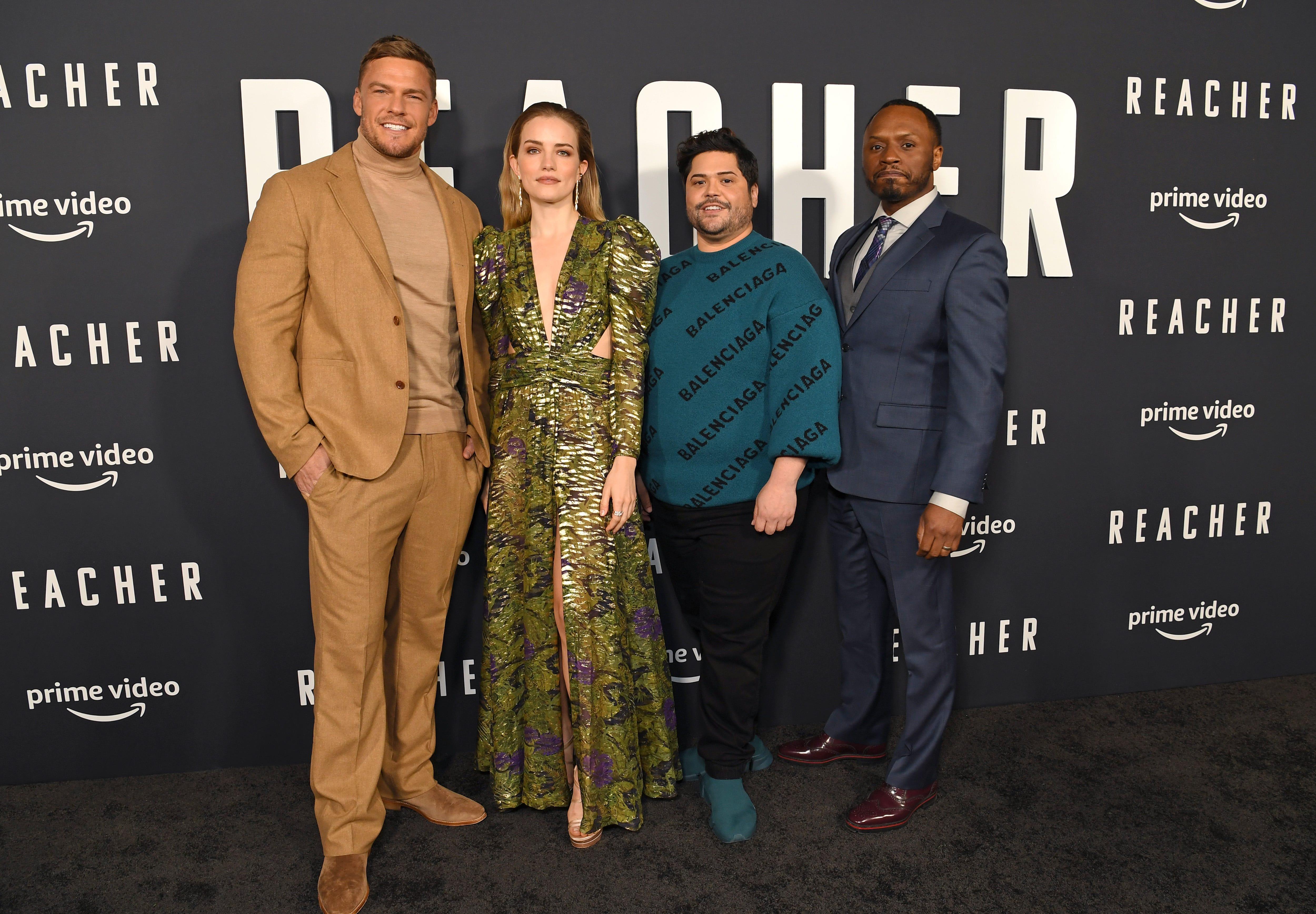 The cast of Reacher attend the series premier Feb. 2, 2022 at The Grove in Los Angeles, Calif. From left to right is Alan Ritchson, Willa Fitzgerald, Harvey Guillén and Malcolm Goodwin.