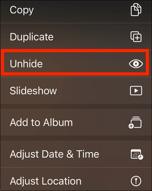 Selecting the Unhide option