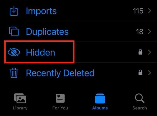Selecting the Hidden album under the Albums section