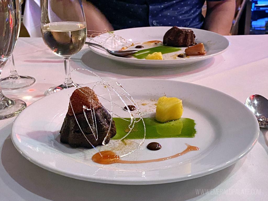 molten cake beautifully plated at a fine dining restaurant on Maui