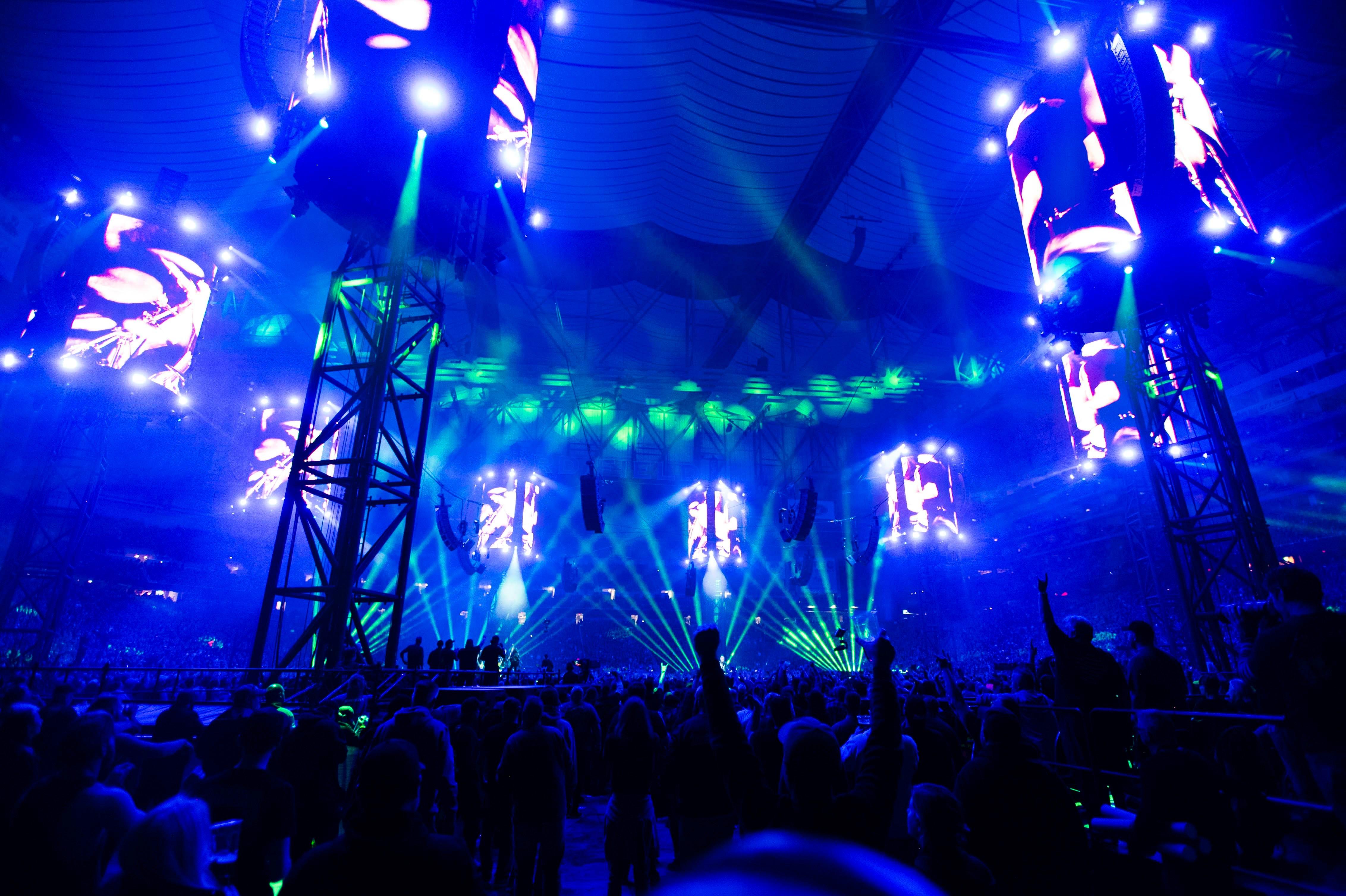 Metallica performs during the band’s M72 World Tour on the first night of a no-repeat weekend at Ford Field on Friday.