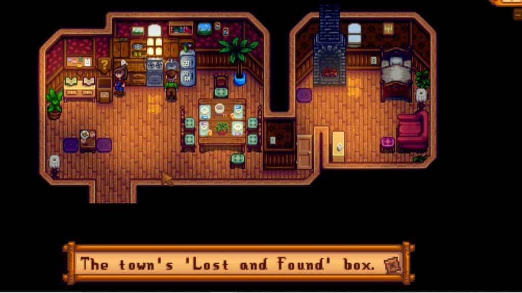 A player interacting with the stardew valley lost and found box.