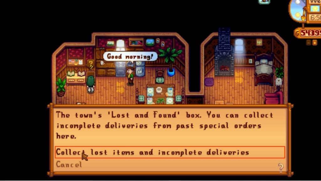 A player being given a choice to collect their items in the lost and found box in Stardew Valley.
