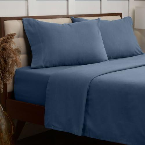 Mellanni Cotton Flannel Bed Sheets Queen Set - Double Brushed for Extra Softness & Comfort - Luxury Lightweight Blue Sheets Set - Deep Pocket Fitted Sheet up to 16 inch - 4 PC Set (Queen, Blue)
