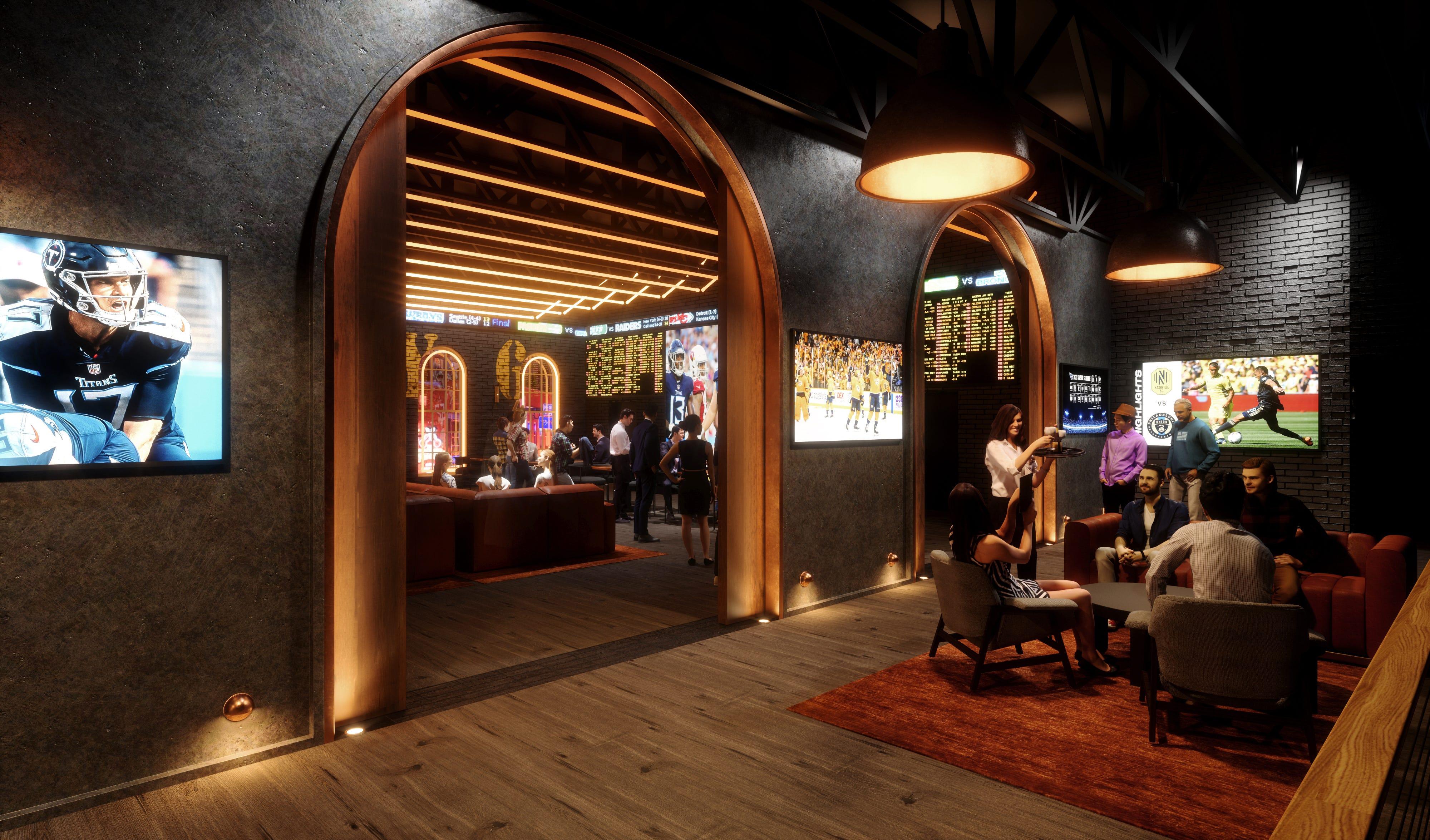 Early rendering of a third-floor sports bar inside a planned Luke Combs-themed honky-tonk and music venue in downtown Nashville, Tennessee.