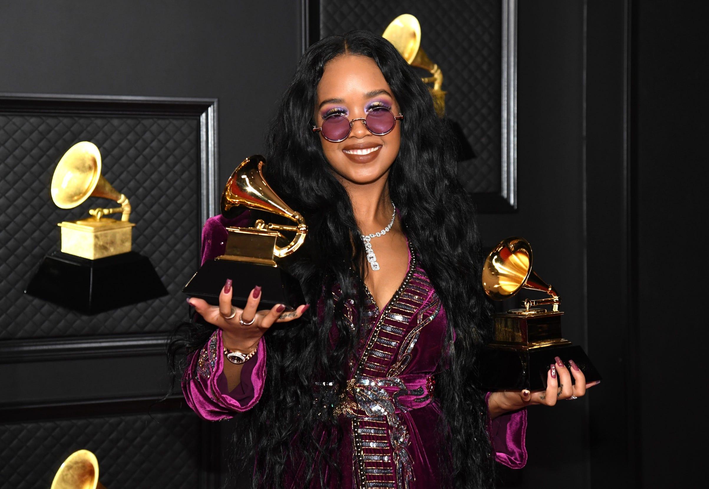 March 14, 2021; Los Angeles, CA, USA; H.E.R., winner of the Best R&B Song award for â€˜Better Than I Imaginedâ€™ and the Song of the Year award for