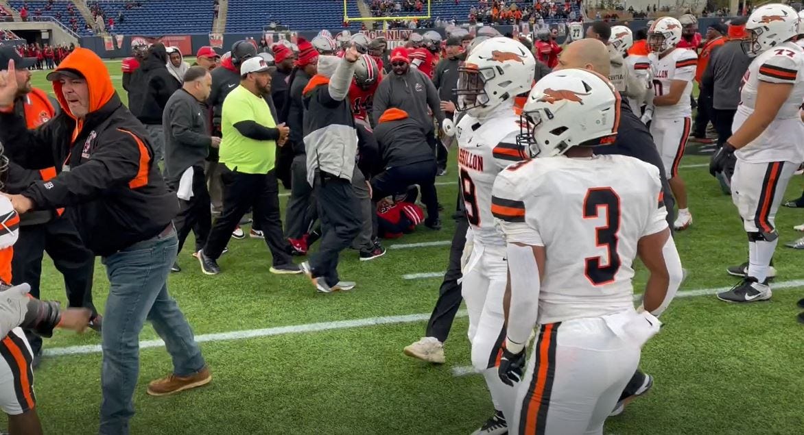 A screen grab from video of a melee following the McKinley vs. Massillon high school football game, Oct. 21, 2023, in Canton.