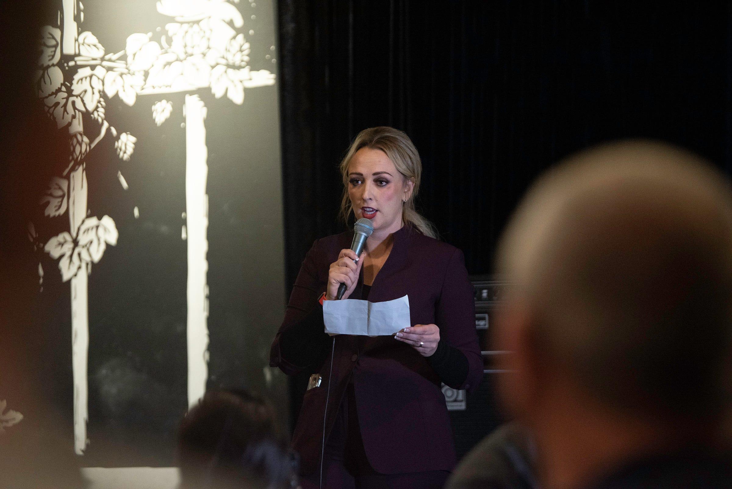 Heather Graham delivers a speech to supporters at Brues Alehouse after winning the Pueblo mayoral runoff election on Tuesday, January 23, 2024.