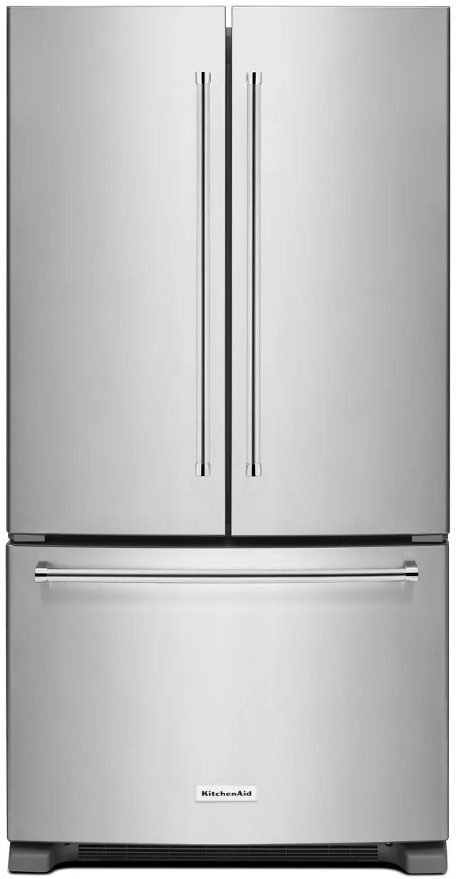 Front view of the KitchenAid KRFC300ESS French door counter depth refrigerator