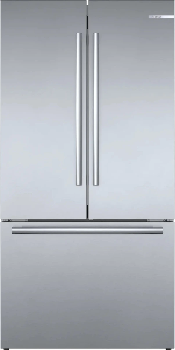 Front view of the Bosch 800 Series B36CT80SNS French door counter depth refrigerator