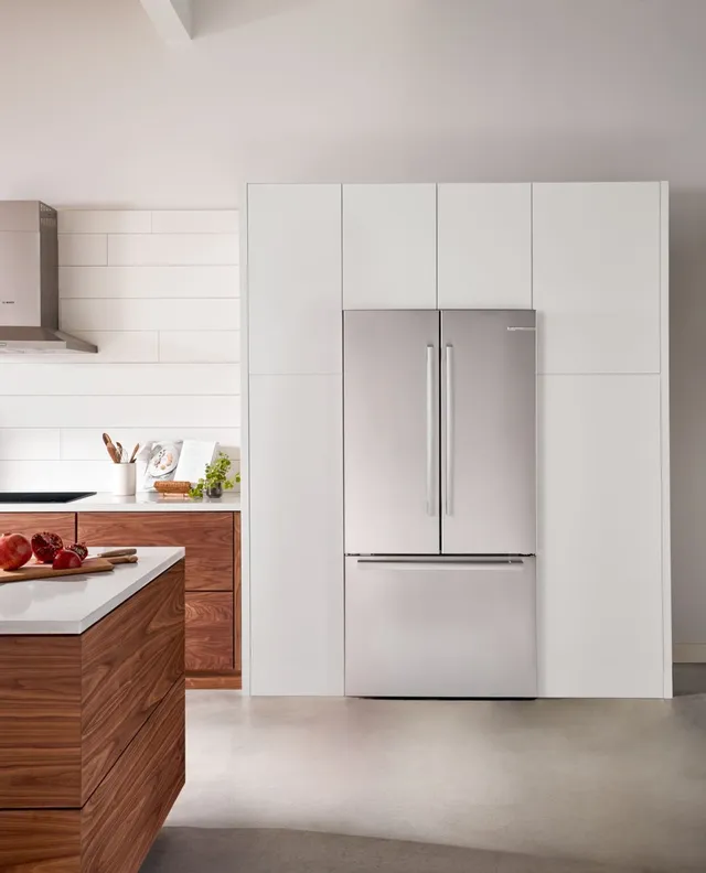 The Bosch 800 Series B36CT80SNS counter depth refrigerator in a kitchen