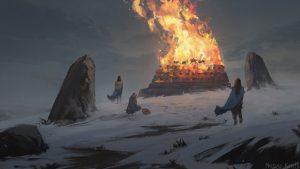 The Viking Funeral Pyre . The spirit ascended the smoke to Valhalla. Picture See You In Valhalla, by Mateusz Katzig