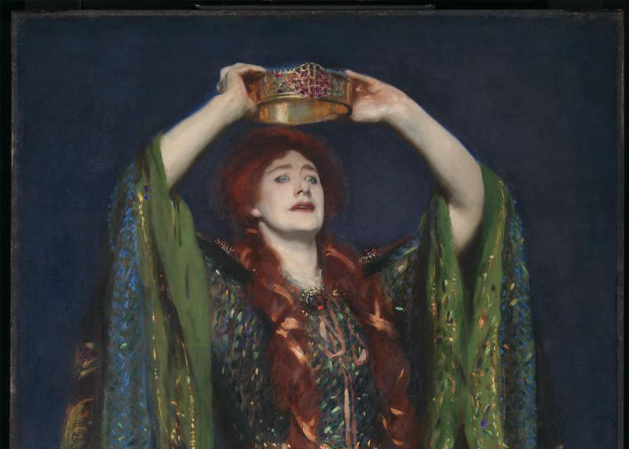painted portrait of an imagined Lady Macbeth, with long red hair and green robes, arms outstretched, placing a crown on her own head