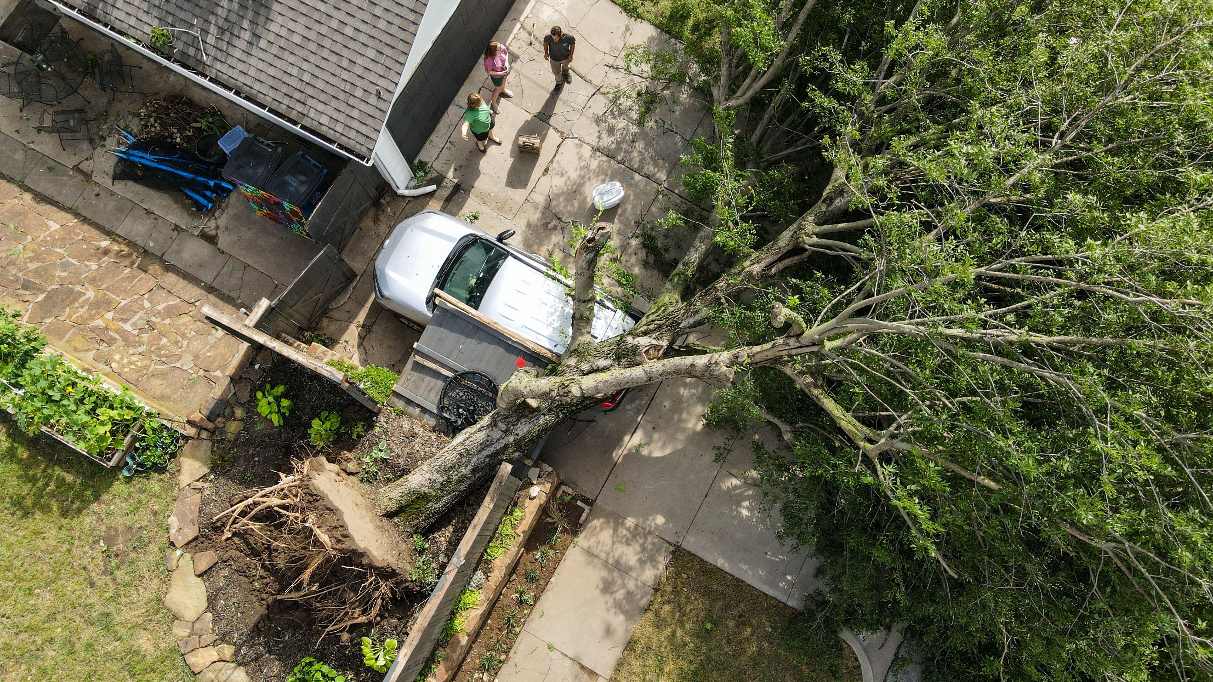 An uprooted tree lies on an SUV on Sunday at W Easton Place and N Tacoma Avenue in Tulsa.