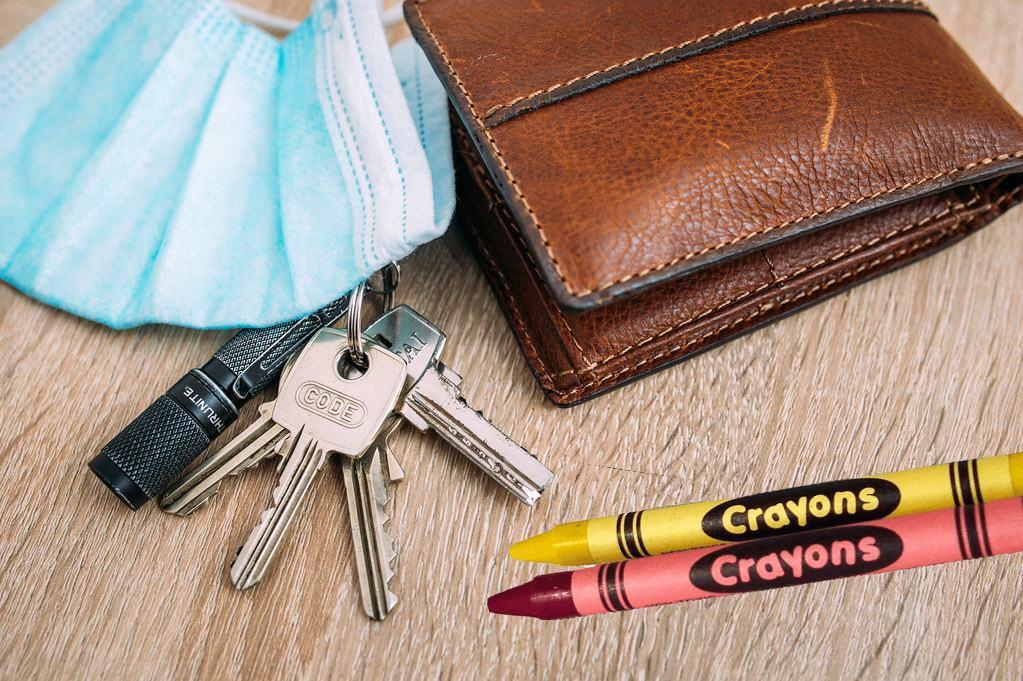 crayon near mask keys wallet