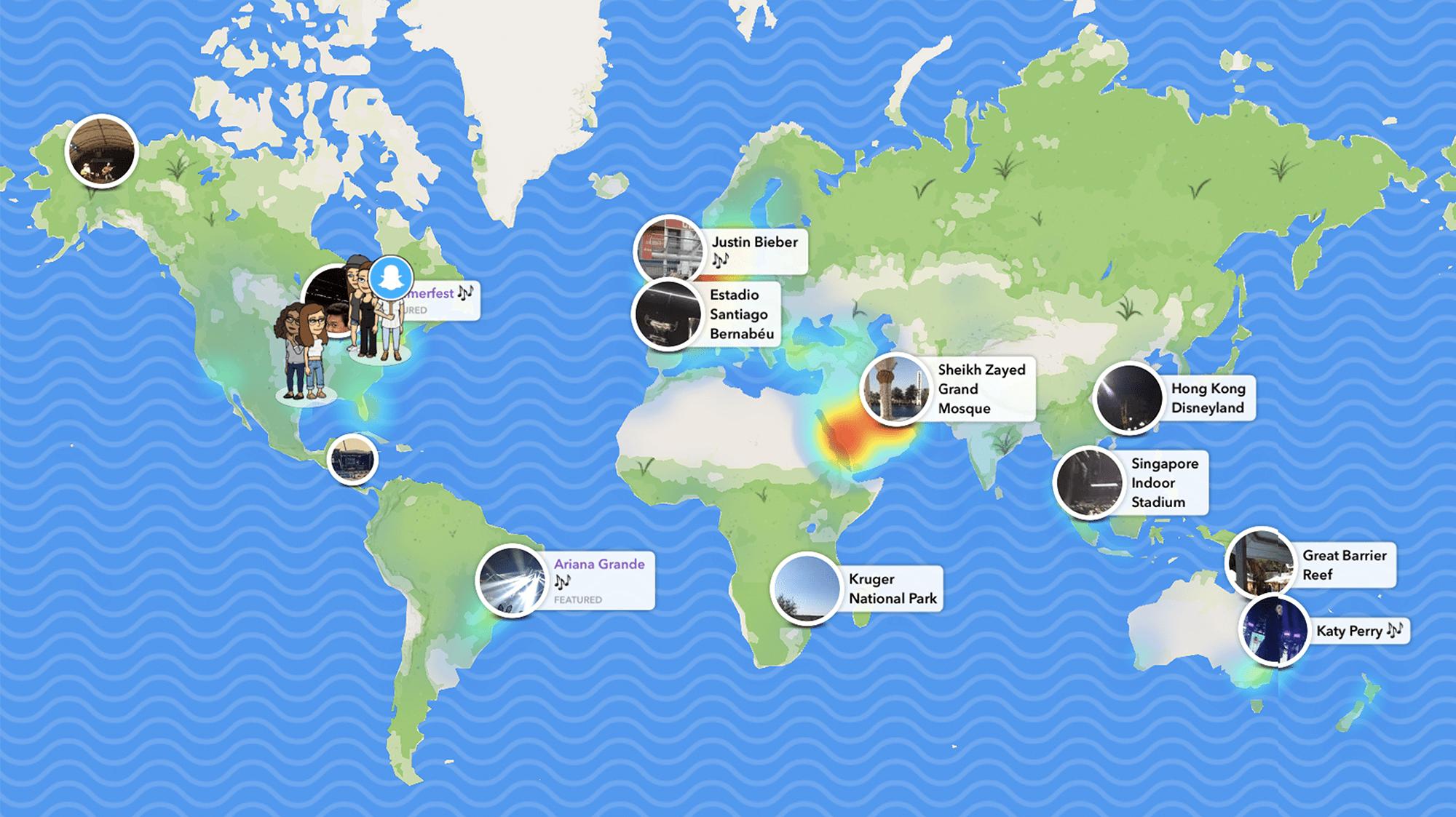 photo showing how the snap map appear on snapchat with different names and profiles