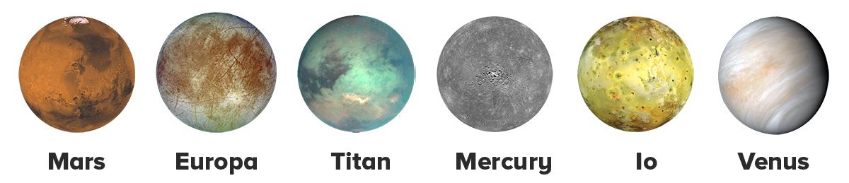 Mars, Europa, Titan, Mercury, Io, and Venus