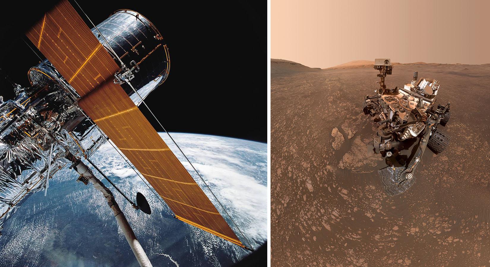 The Hubble Telescope with a view of Earth behind it (left) and the Mars Curiosity Rover selfie at