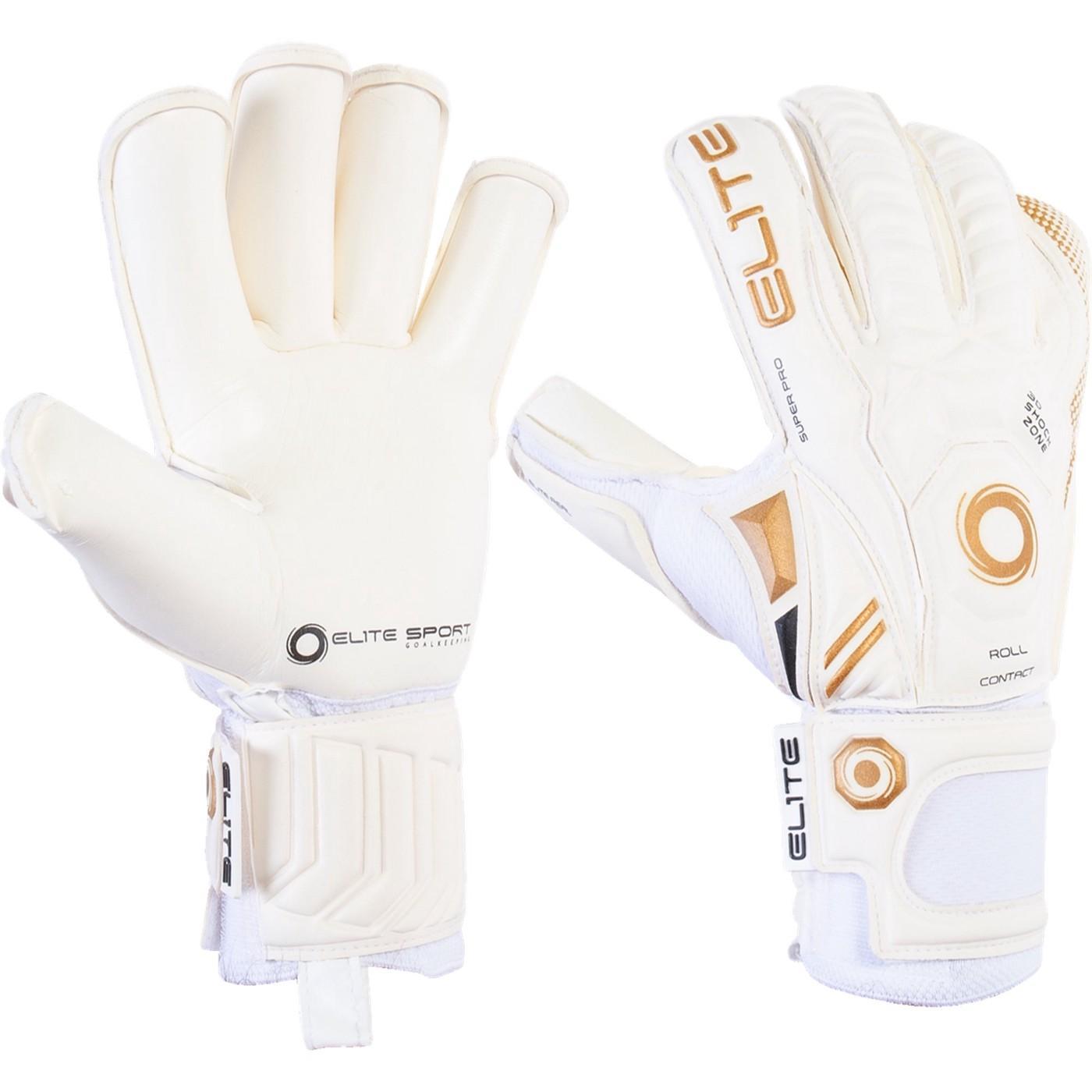 Rolled finger cut goalkeeper gloves from Elite Sport. They are white with a gold logo lettering.