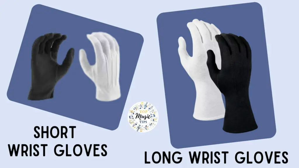 Short wrist black and white marching band gloves on left long wrist marching band gloves on the right.