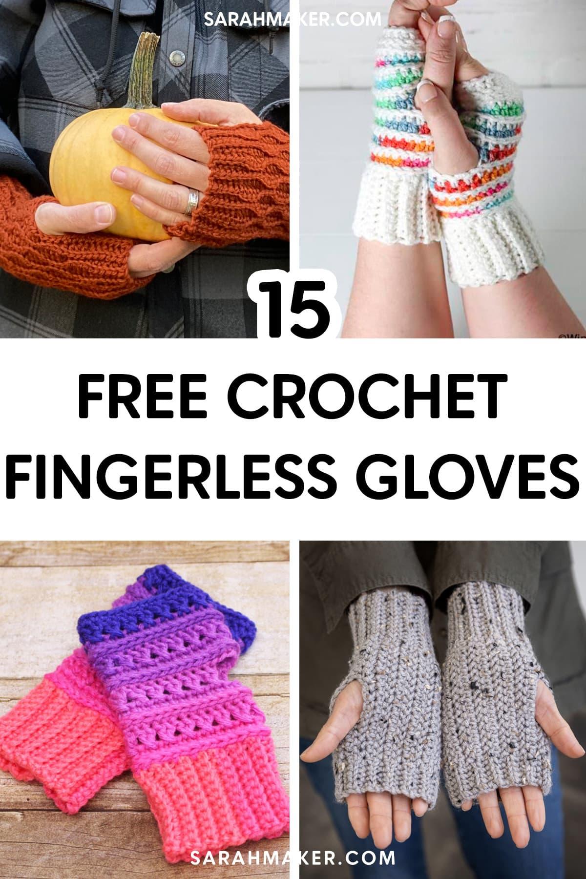 photo collage of crochet fingerless gloves with text overlay