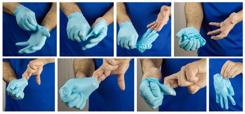 Illustration slide of how to don disposable gloves
