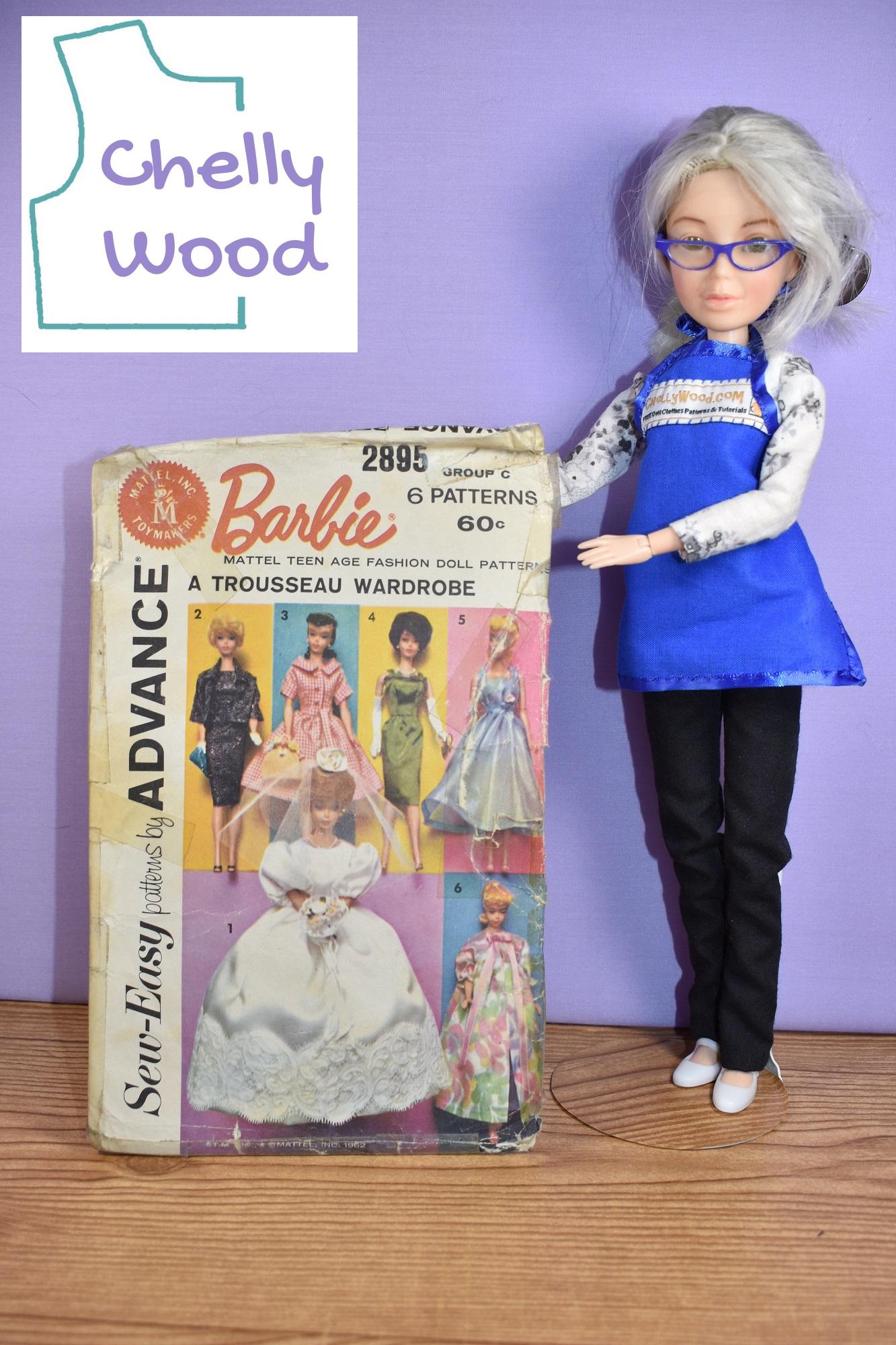 Here we see the Chelly Wood doll (a Spin Master Liv doll that has been re-envisioned) holding up the Sew-Easy Patterns by Advance vintage Mattel, Inc. Toymakers Barbie doll clothes sewing pattern #2895. The topic of today
